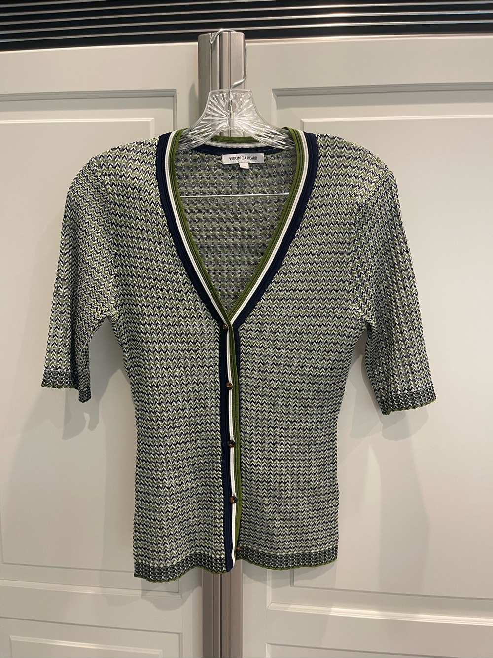 Veronica Beard Green Patterned V-Neck Knit Cardigan